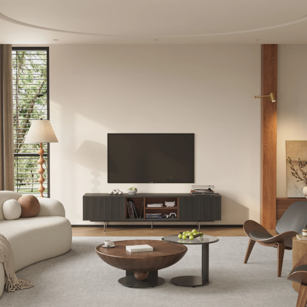 Modanio Modern Black TV Lowboard Console with Open Storage Space. - Modanio