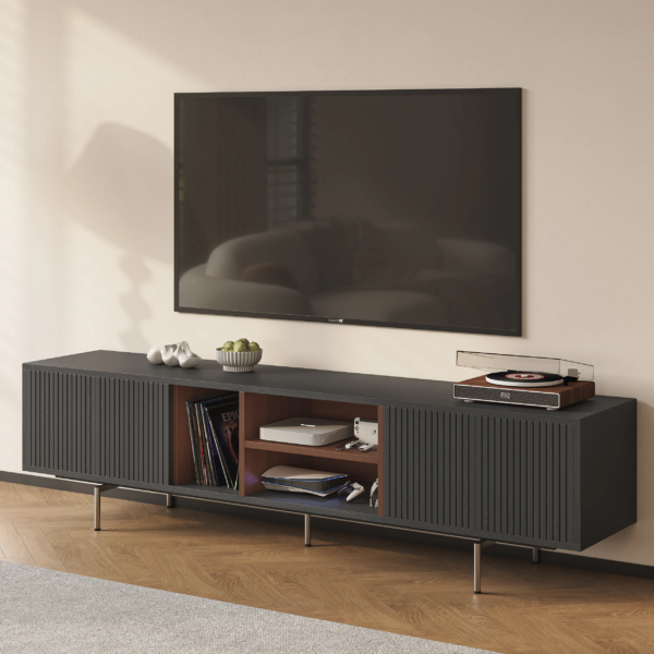 Modanio Modern Black TV Lowboard Console with Open Storage Space. - Modanio