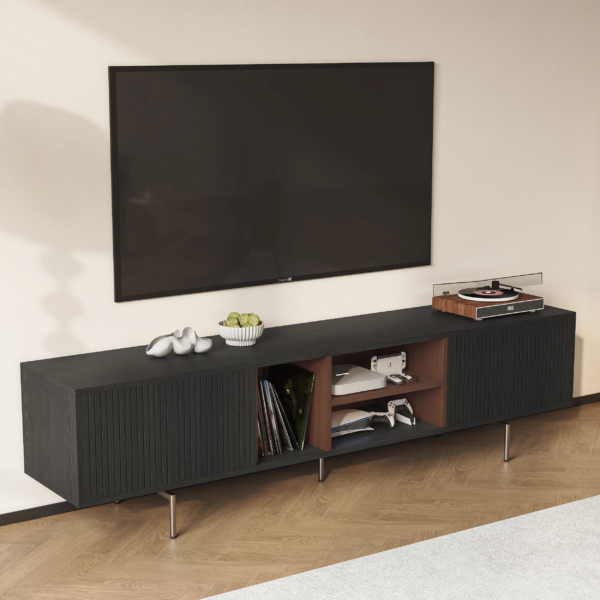 Modanio Modern Black TV Lowboard Console with Open Storage Space. - Modanio