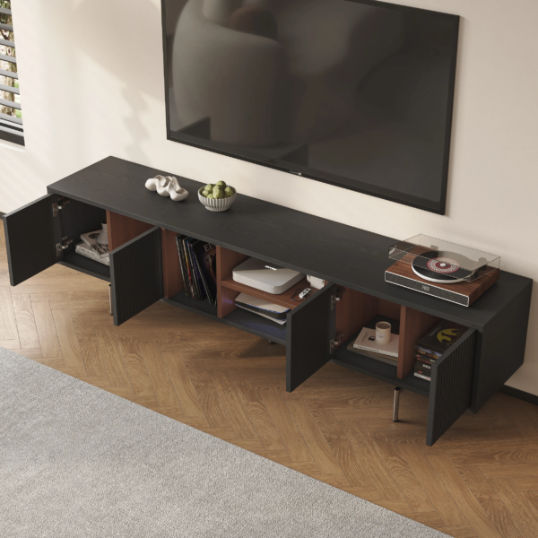 Modanio Modern Black TV Lowboard Console with Open Storage Space. - Modanio