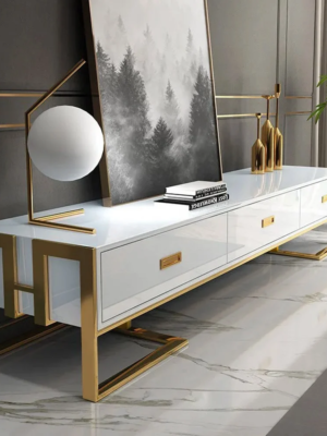 MOD-TC-27_1 Modanio Modern Jocise White and Gold TV Console With 3 Drawers - Modanio