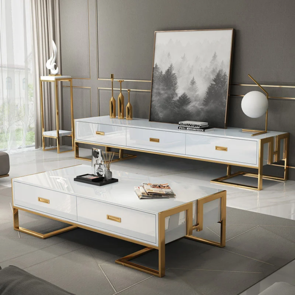 Modanio Modern Jocise White and Gold TV Console With 3 Drawers - Modanio