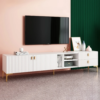 Modanio Mid-Century White Wood TV Console in Gold with 3 Shelves, 2 Drawers, 2 Doors - Modanio