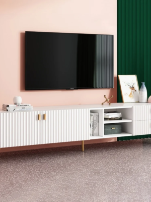 Modanio Mid-Century White Wood TV Console in Gold with 3 Shelves, 2 Drawers, 2 Doors - Modanio