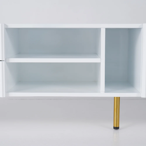 Modanio Mid-Century White Wood TV Console in Gold with 3 Shelves, 2 Drawers, 2 Doors - Modanio