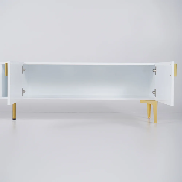 Modanio Mid-Century White Wood TV Console in Gold with 3 Shelves, 2 Drawers, 2 Doors - Modanio