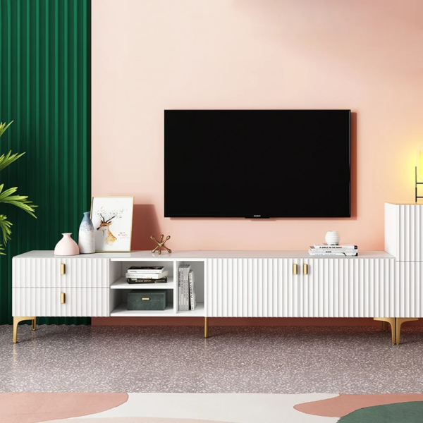 Modanio Mid-Century White Wood TV Console in Gold with 3 Shelves, 2 Drawers, 2 Doors - Modanio