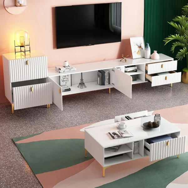 Modanio Mid-Century White Wood TV Console in Gold with 3 Shelves, 2 Drawers, 2 Doors - Modanio