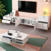 Modanio Mid-Century White Wood TV Console in Gold with 3 Shelves, 2 Drawers, 2 Doors - Modanio