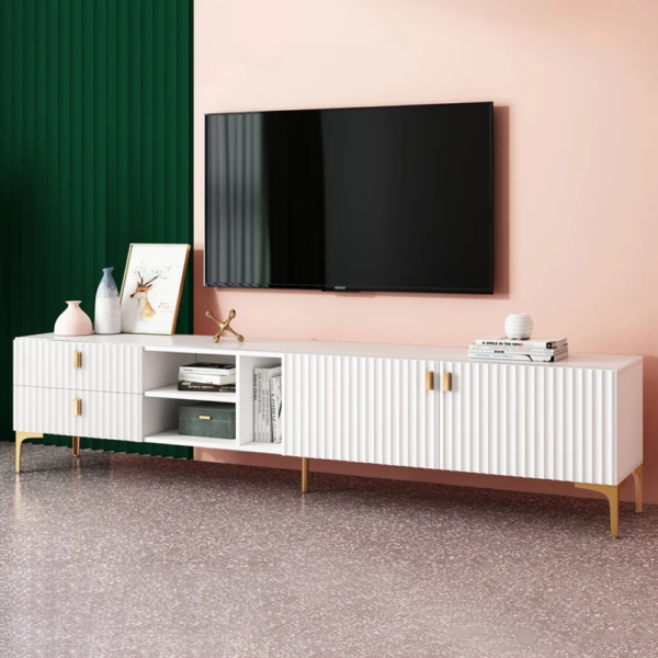 Modanio Mid-Century White Wood TV Console in Gold with 3 Shelves, 2 Drawers, 2 Doors - Modanio