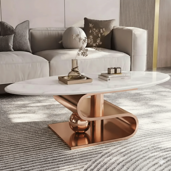 Modanio Vertex Marble Top Coffee Table – Oval Centre Table with Premium Gold Stainless-Steel Base