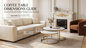 Living room layout showing ideal coffee table dimensions, height, clearance gap, and sofa proportions